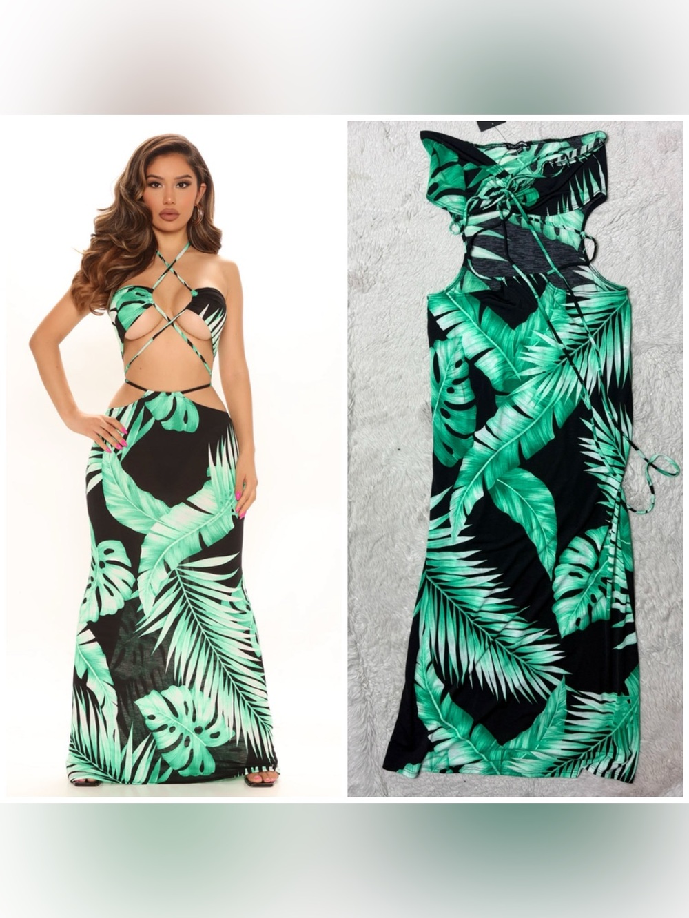 Fashion Nova Tropic Baddie Black Green Palm Leaf Cutout Maxi Dress Size Large